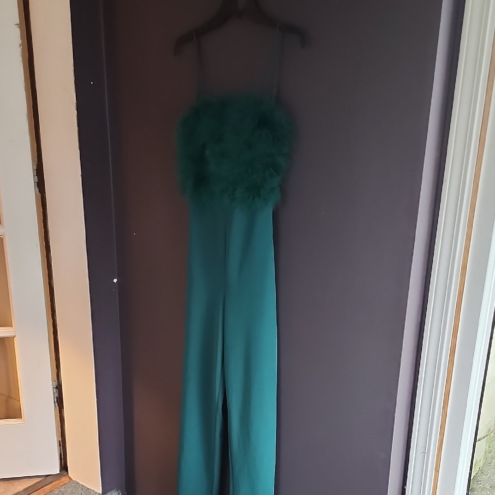 Chic Teal Feathered Jumpsuit